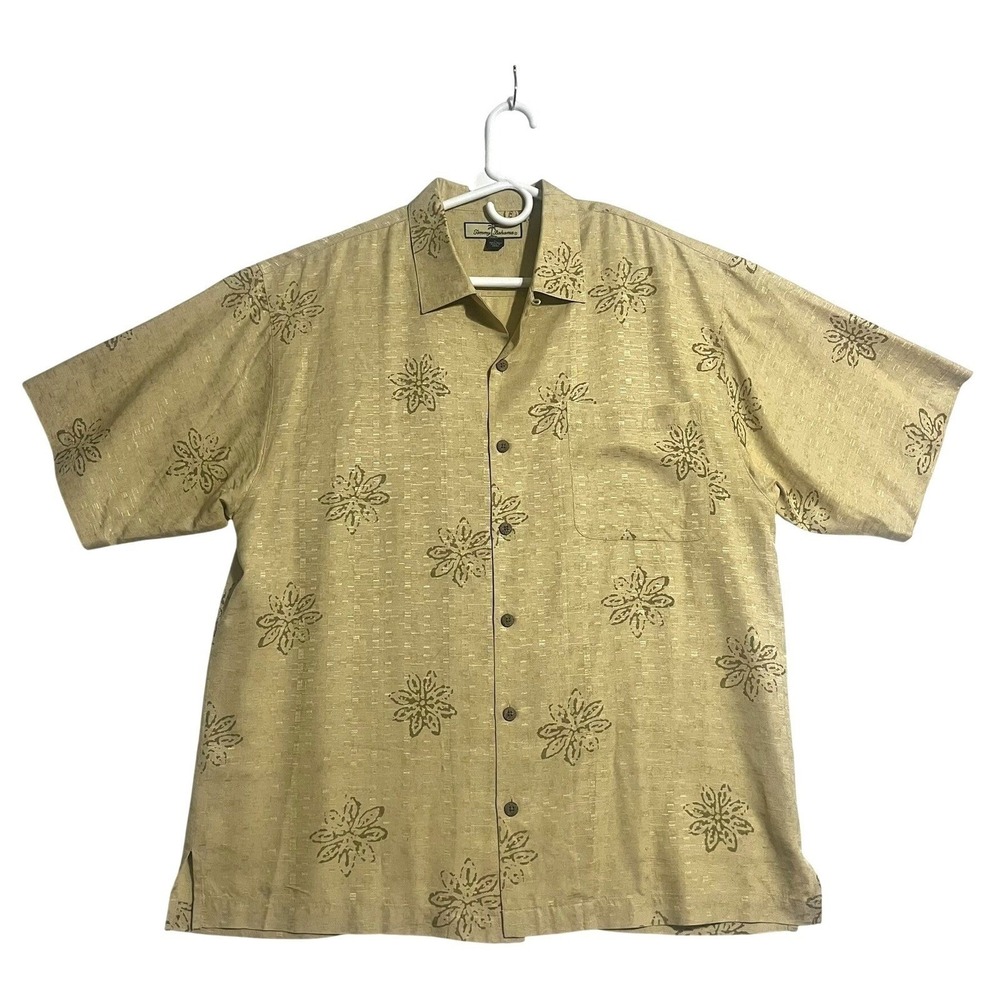 Tommy Bahama Men's L Silk Tan Tropical Hawaiian Camp Button Down Shirt
